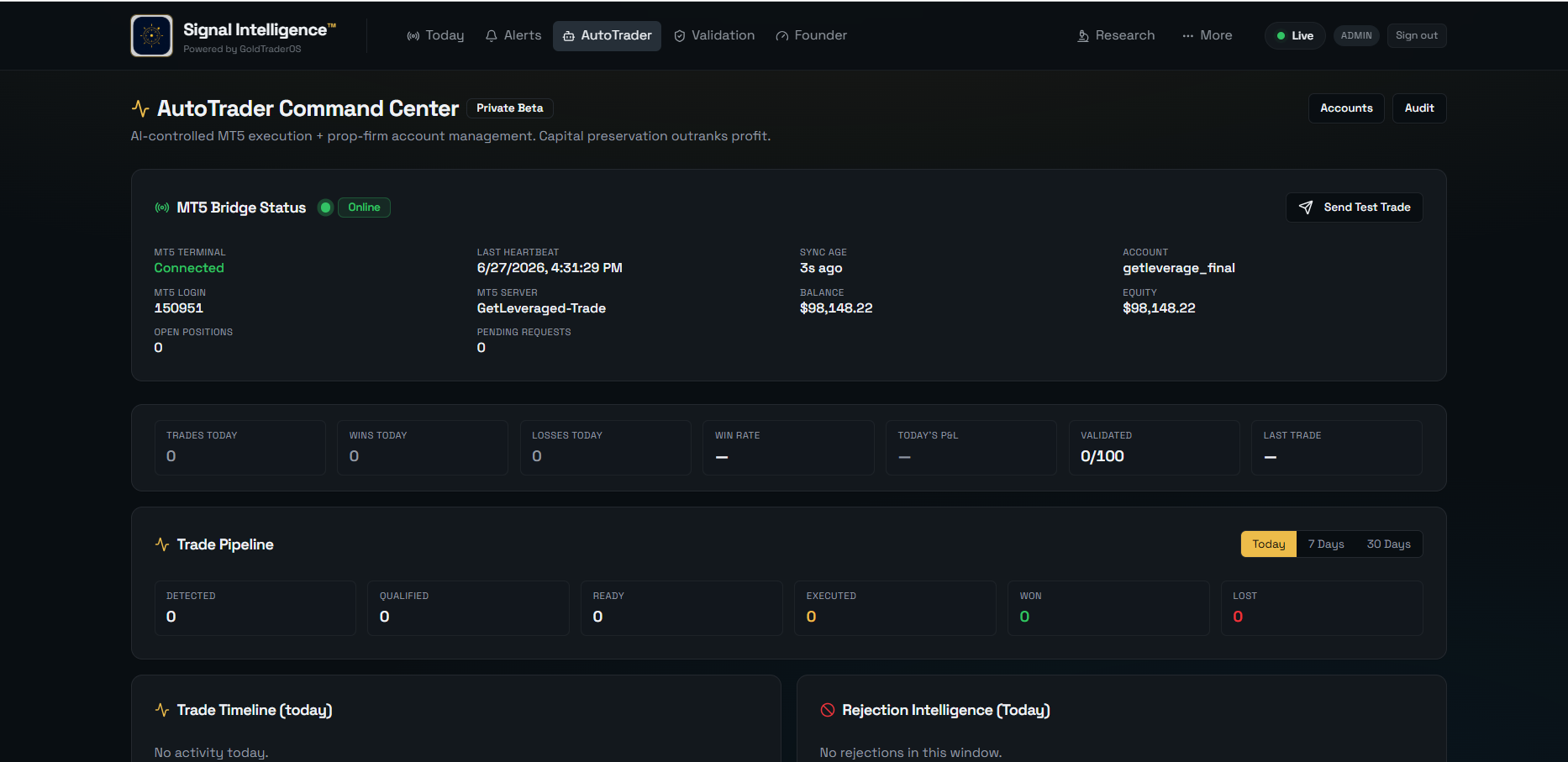 AutoTrader Command Center — MT5 connectivity, execution forecast, risk engine, bridge monitoring